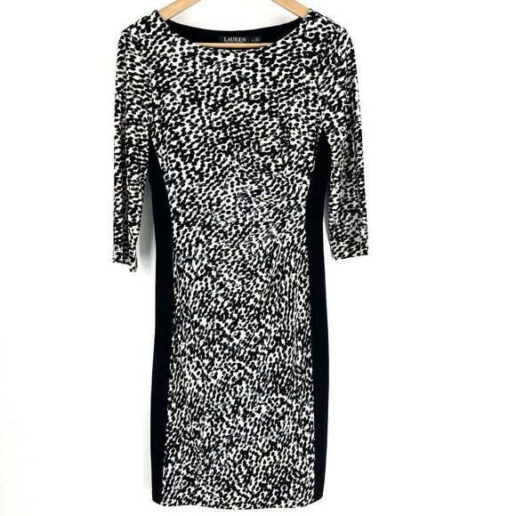 Lauren Ralph Lauren Sheath Dress Size 6 Womens Black White Leopard Print Stretch - Picture 1 of 6